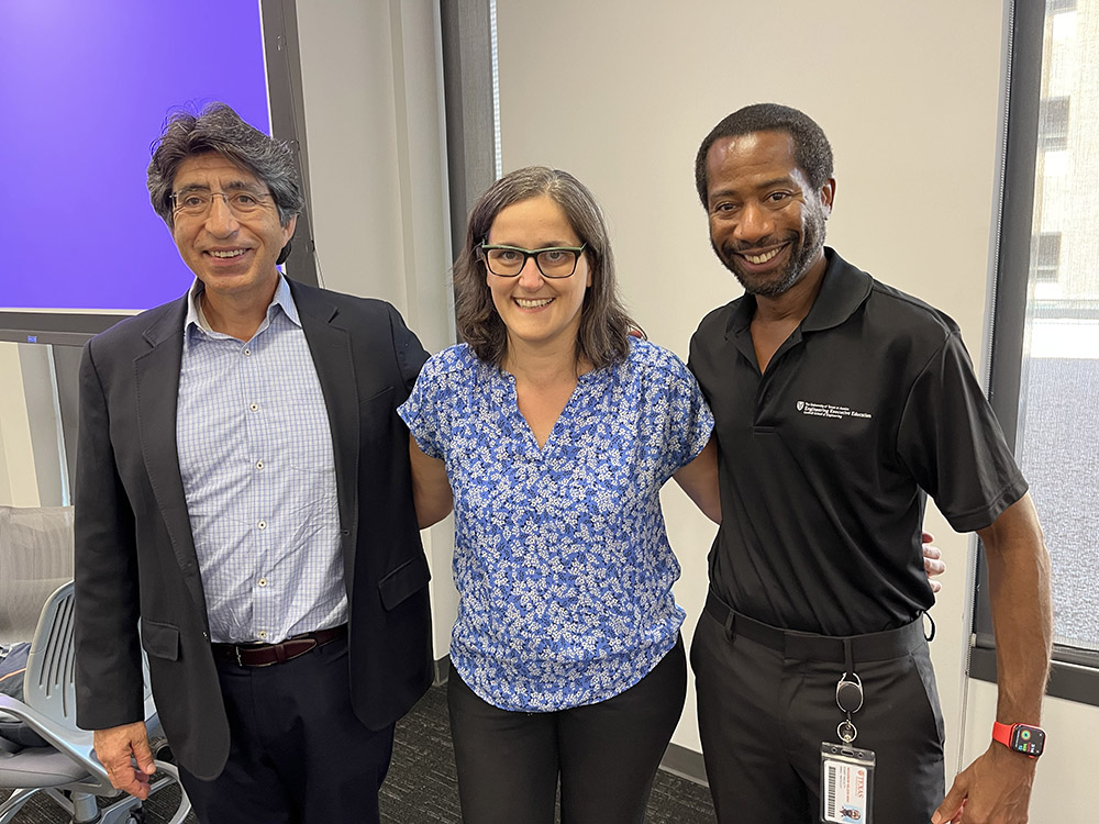 (L-R) Cockrell School Petroleum Engineering Professors and Petrobras instructors Carlos Torres-Verdin and Masa Prodanovic join TxEEE Executive Director Woodrow W. Winchester, III. for the end of course presentation.